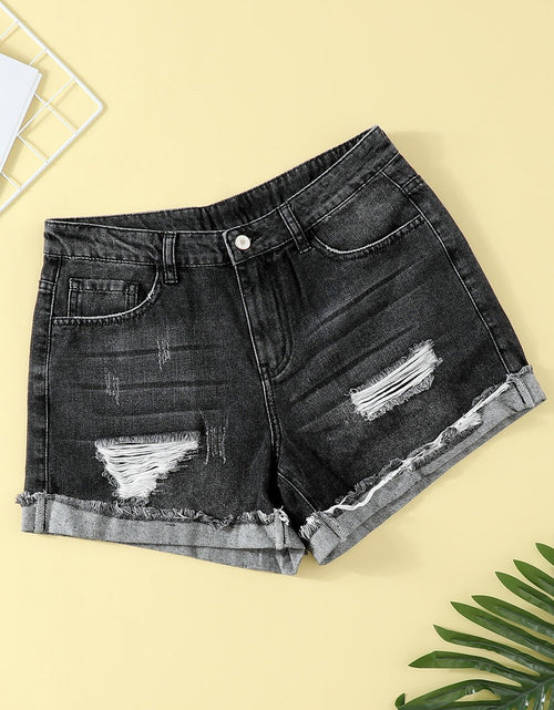 Load image into Gallery viewer, Women's Distressed Ripped Rolled Hem Blue Denim Shorts
