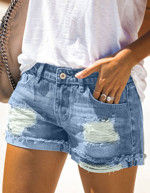 Load image into Gallery viewer, Women's Distressed Ripped Rolled Hem Blue Denim Shorts
