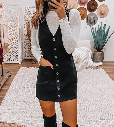 Corduroy Overall Sleeveless Mini Dress with Pockets