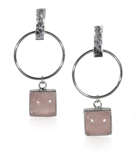 Hammered Geometric Hoop and Rose Charm Sterling Silver Earrings
