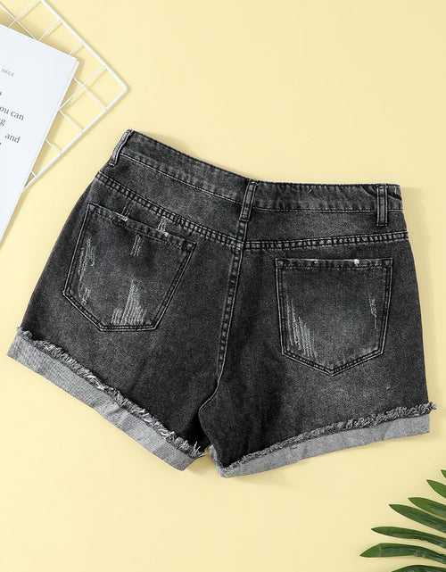 Load image into Gallery viewer, Women's Distressed Ripped Rolled Hem Blue Denim Shorts
